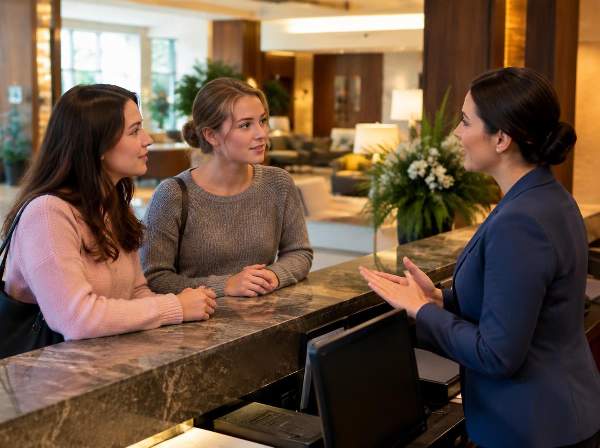Hbo-studenten bespreken gastbeleving met een front office manager in een hotellobby