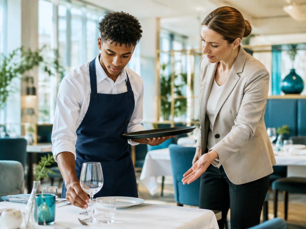 Mbo-student leert tafelservice van een praktijkopleider in een hotelrestaurant